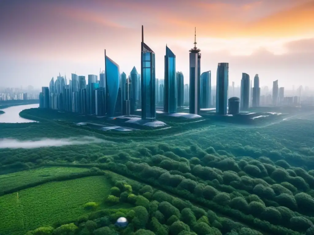 Skyline futurista: rascacielos sostenibles en entorno verde Una ciudad futurista con rascacielos sostenibles y energías renovables