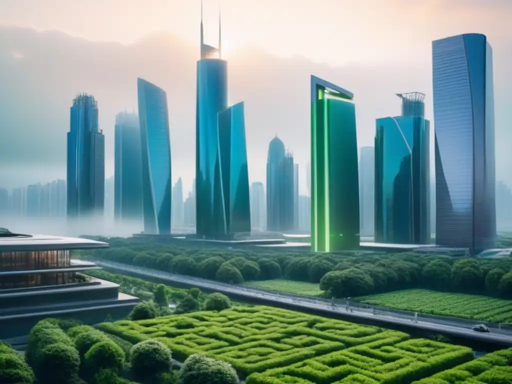 Metrópolis futurista: armonía entre naturaleza y tecnología Ciudad futurista con rascacielos y tecnología avanzada, integrando naturaleza y Plataformas PropTech en mercado inmobiliario