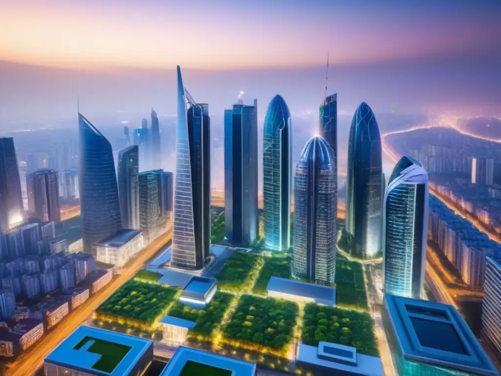 Metrópolis del Futuro: Tecnología Avanzada en el Mercado Inmobiliario Una ciudad futurista con rascacielos y tecnología en mercado inmobiliario internacional