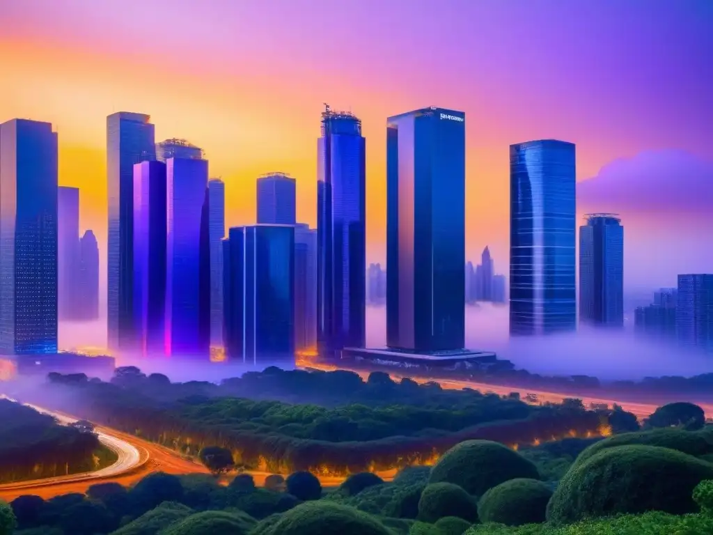 Horizonte futurista: ciencia y naturaleza en armonía Una ciudad futurista con rascacielos tecnológicos integrados en el atardecer, reflejando la armonía entre tecnología y naturaleza