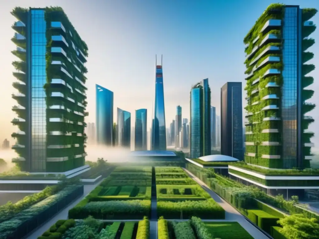 Metrópolis futurista verde: arquitectura innovadora y naturaleza Una ciudad futurista con rascacielos verdes y naturaleza exuberante, reflejando la coexistencia armoniosa entre la urbanización y la naturaleza