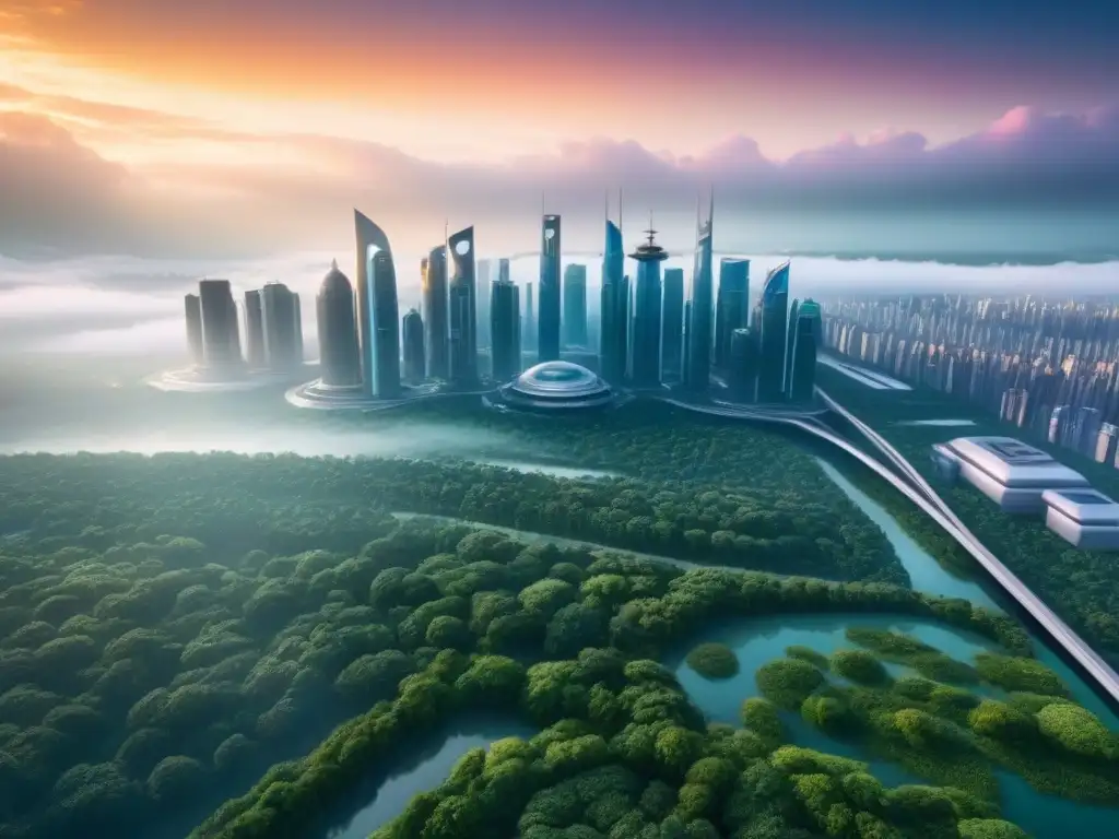 Metrópolis futurista 2040: armonía entre naturaleza y tecnología Ciudad futurista en 2040 con rascacielos verdes y transporte público eficiente