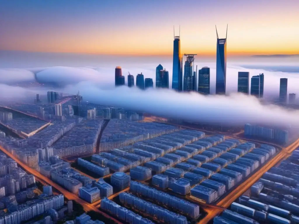 Metrópolis futurista: ciudad ultradetallada en 8k Una ciudad futurista con rascacielos de vidrio reflejando nubes al atardecer