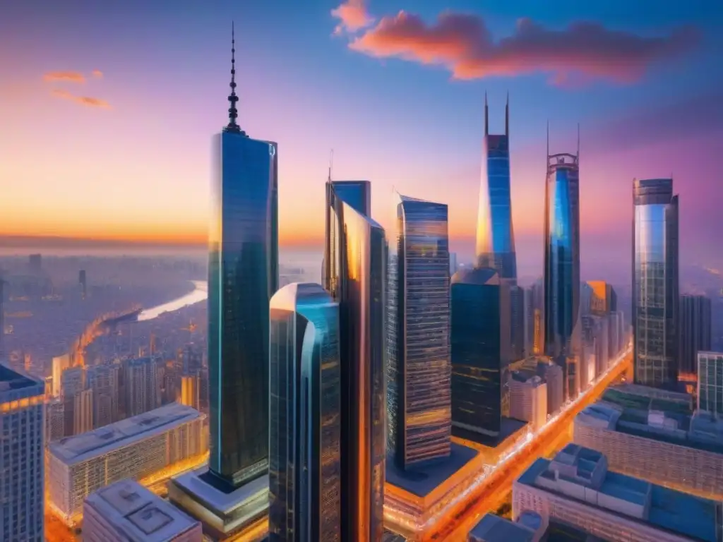 Metrópolis futurista: Profesionales conectados en la era digital Una ciudad futurista con rascacielos de vidrio, reflejando luces vibrantes en un atardecer dorado