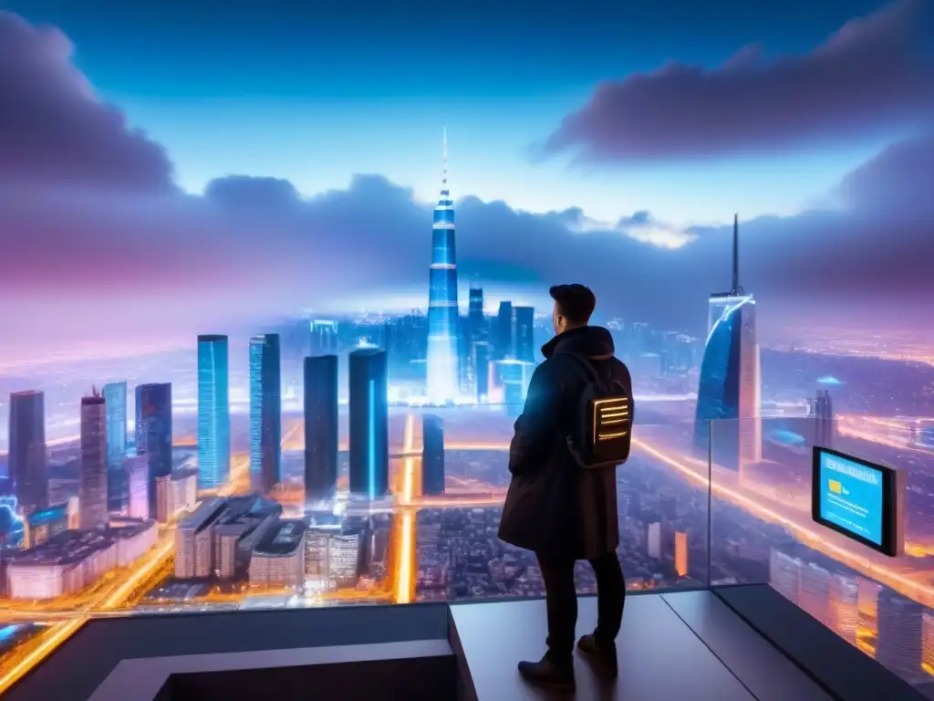 Metropolis del Futuro: Criptomonedas en la Era Digital Una ciudad futurista con rascacielos de vidrio y pantallas digitales mostrando valores de criptomonedas