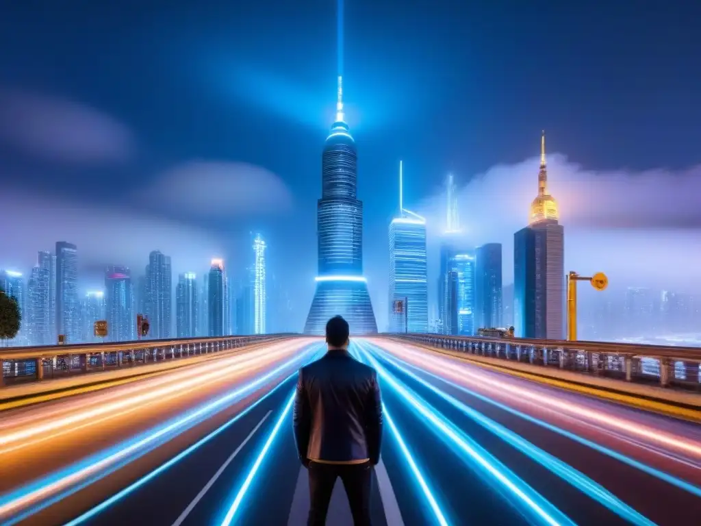 Metrópolis futurista: inteligencia artificial en inversiones inmobiliarias Una ciudad futurista con rascacielos de vidrio iluminados por luces de neón y datos digitales, simbolizando la integración de la tecnología inteligencia artificial en inversiones inmobiliarias