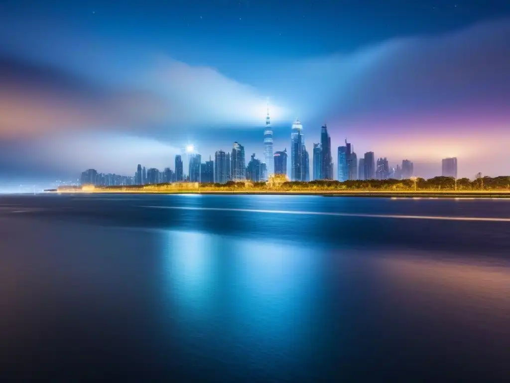 Metrópolis futurista: tecnología AI en edificios iluminados Ciudad futurista con ríos y rascacielos iluminados, reflejando un cielo estrellado