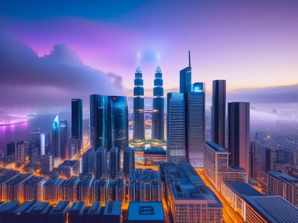 Metrópolis Futurista: FinTech Revoluciona el Mercado Inmobiliario Una ciudad futurista con rutilantes rascacielos conectados por redes FinTech, iluminada por luces de neón vibrantes
