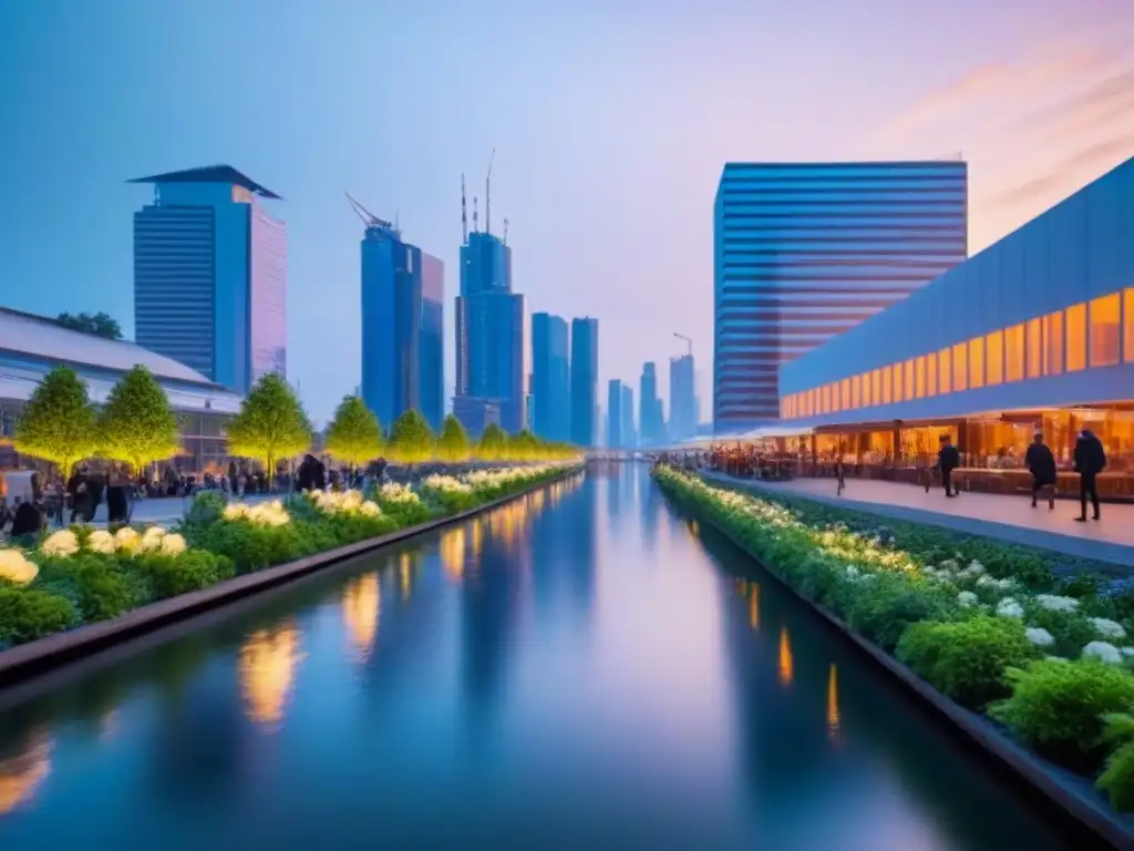 Metrópolis futurista: luces neón en río sereno Una ciudad futurista y serena al anochecer, con rascacielos iluminados por luces neón sobre un río tranquilo