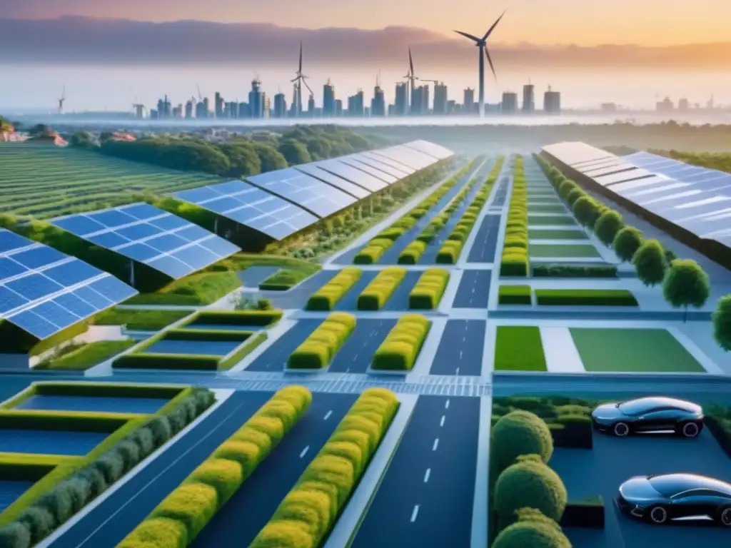 Metrópolis sustentable del futuro: arquitectura verde y tecnología limpia Una ciudad futurista sostenible al atardecer, con tecnología verde en M&A inmobiliario