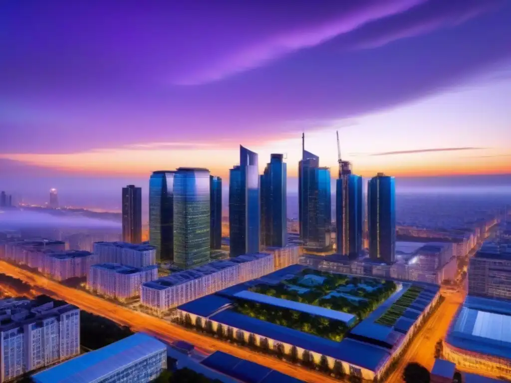 Horizonte urbano sostenible: arquitectura futurista en armonía ambiental Una ciudad futurista sostenible al atardecer, con rascacielos ecológicos iluminados y vehículos eléctricos en las calles