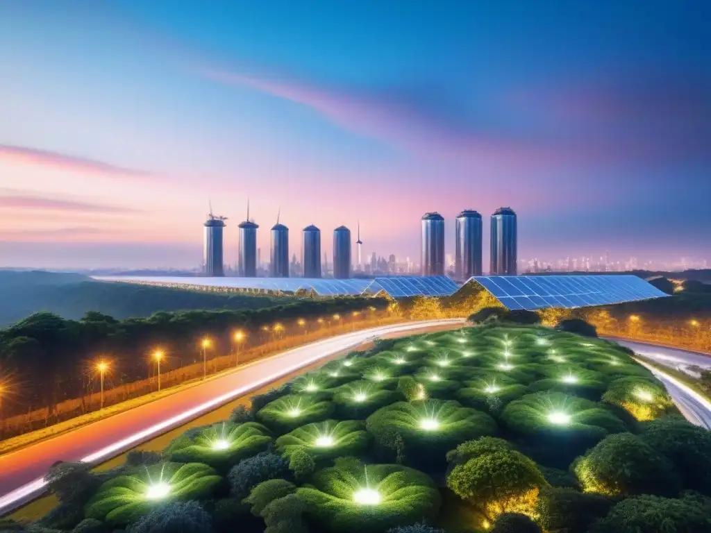 Metrópolis futurista: armonía entre naturaleza y tecnología sostenible Una ciudad futurista sostenible al atardecer con rascacielos, paneles solares, vegetación exuberante y turbinas eólicas integradas