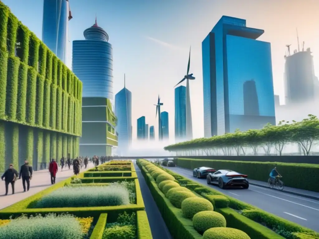 Metrópolis sostenible del futuro: edificios verdes y energía renovable Una ciudad futurista sostenible con edificios verdes, paneles solares y turbinas eólicas