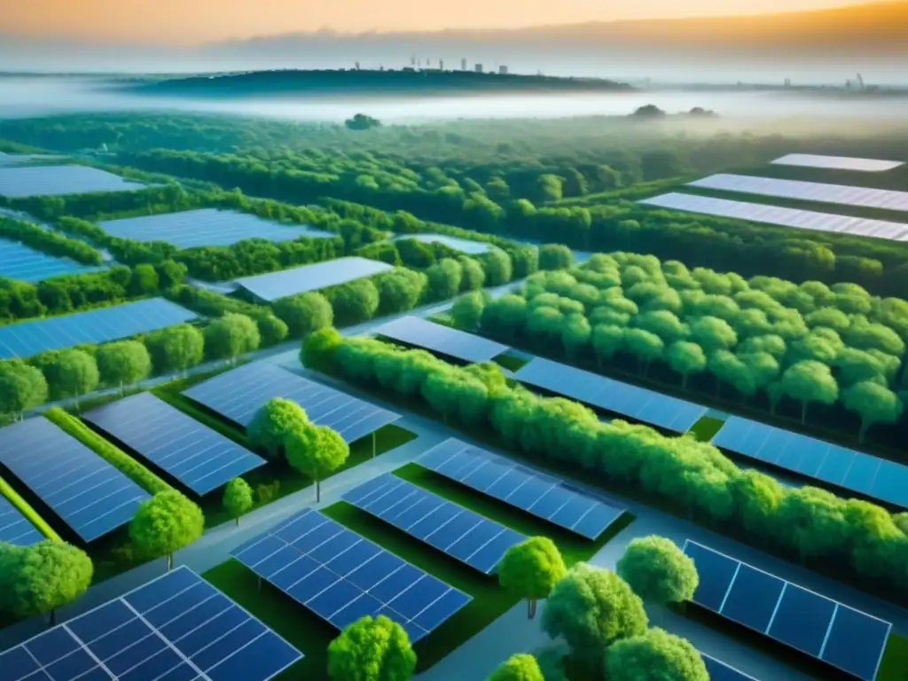Metrópolis sostenible del futuro: armonía verde y moderna Una ciudad futurista sostenible con edificios verdes, paneles solares y turbinas eólicas, reflejando innovación y armonía