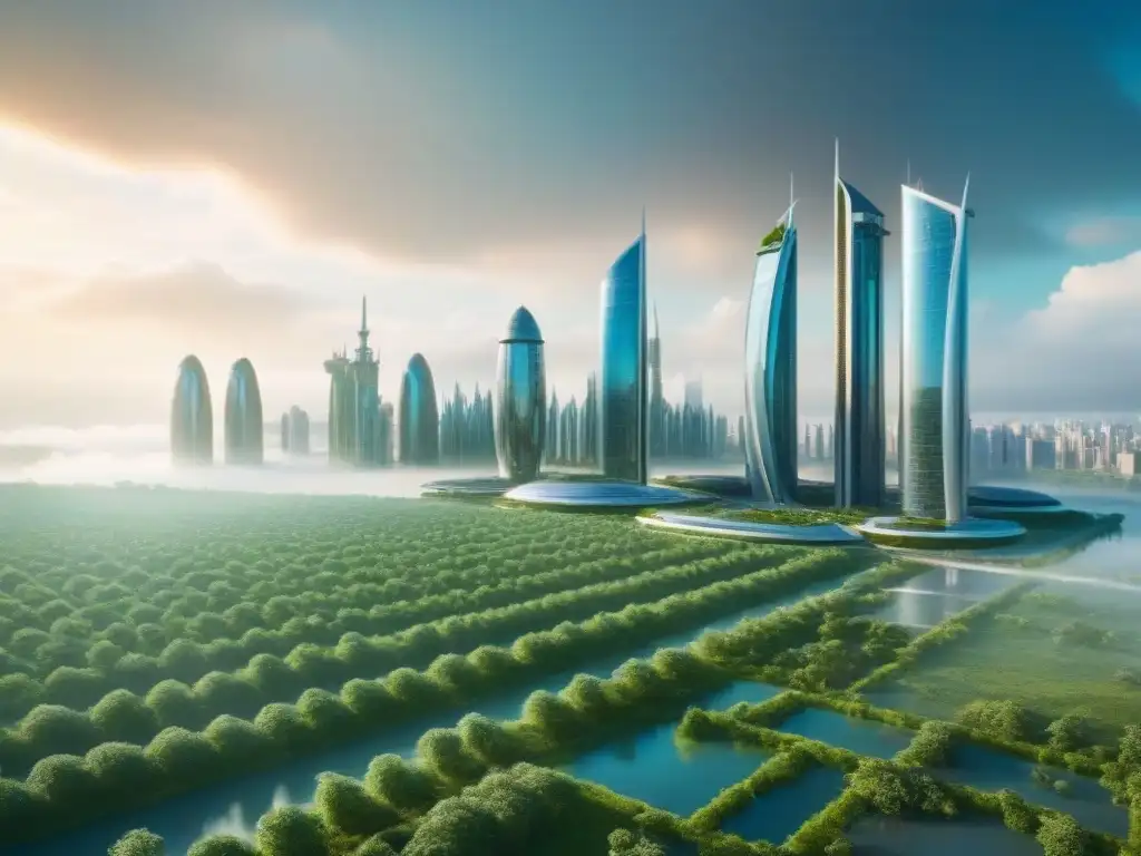 Skyline futurista: ciudad sostenible verde y moderna Una ciudad futurista sostenible con edificios verdes y energías renovables, fusionando naturaleza y arquitectura moderna