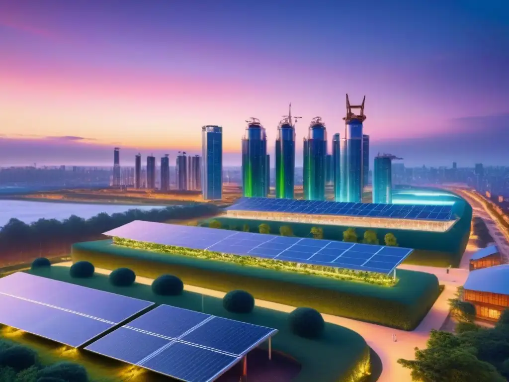 Ciudad sostenible futurista: innovación ecoamigable Una ciudad futurista sostenible al anochecer con edificios verdes, paneles solares, jardines en azoteas y turbinas eólicas