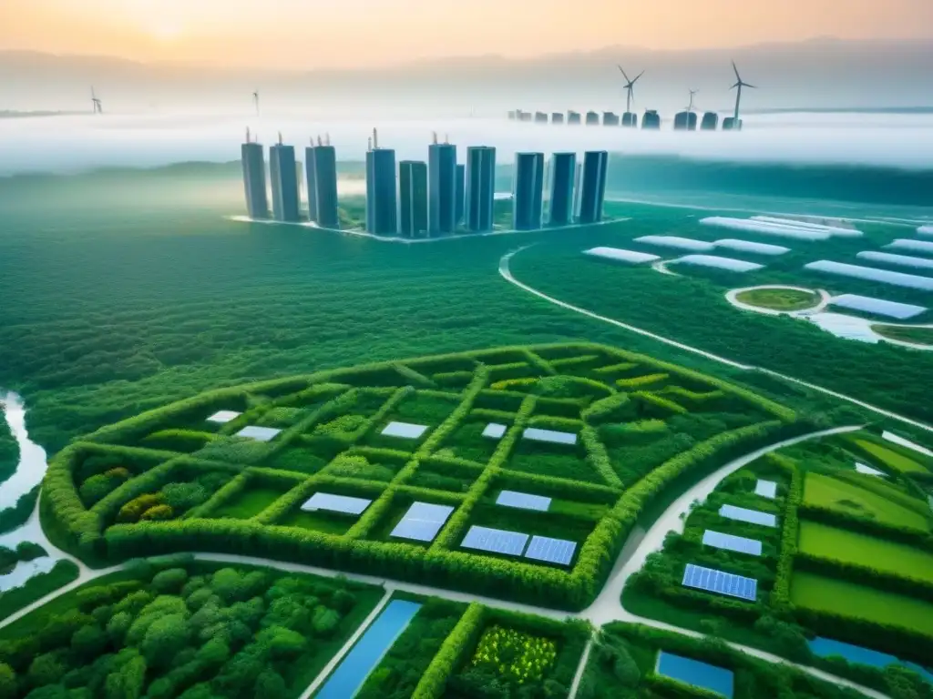Metrópolis sostenible del futuro: edificios verdes y energías limpias Una ciudad futurista sostenible con edificios verdes, paneles solares y jardines en azoteas, rodeada de naturaleza y energía limpia