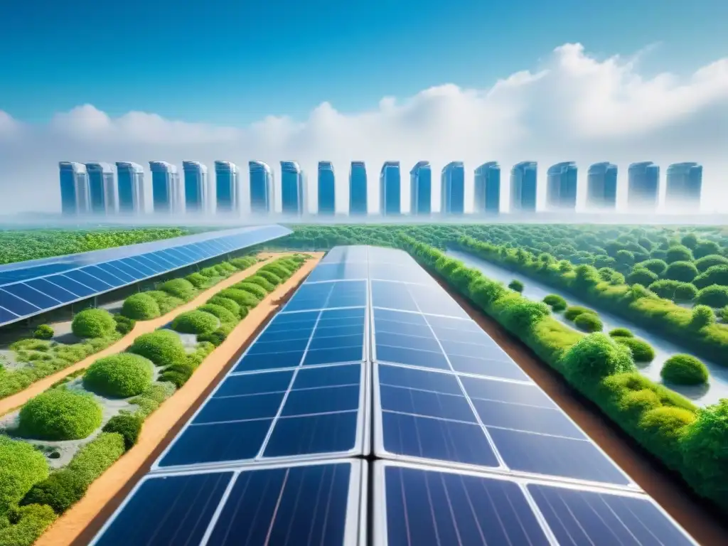 Metrópolis sostenible del futuro: armonía entre tecnología y naturaleza Una ciudad futurista sostenible con edificios verdes y tecnología, rodeada de naturaleza