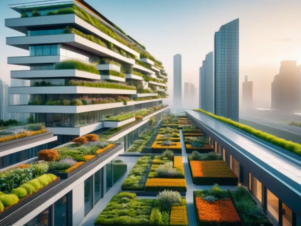 Ecofuturismo: Ciudad sostenible 8k con energía verde y diseño moderno Una ciudad futurista sostenible con edificios energéticamente eficientes y techos verdes, paneles solares y jardines verticales