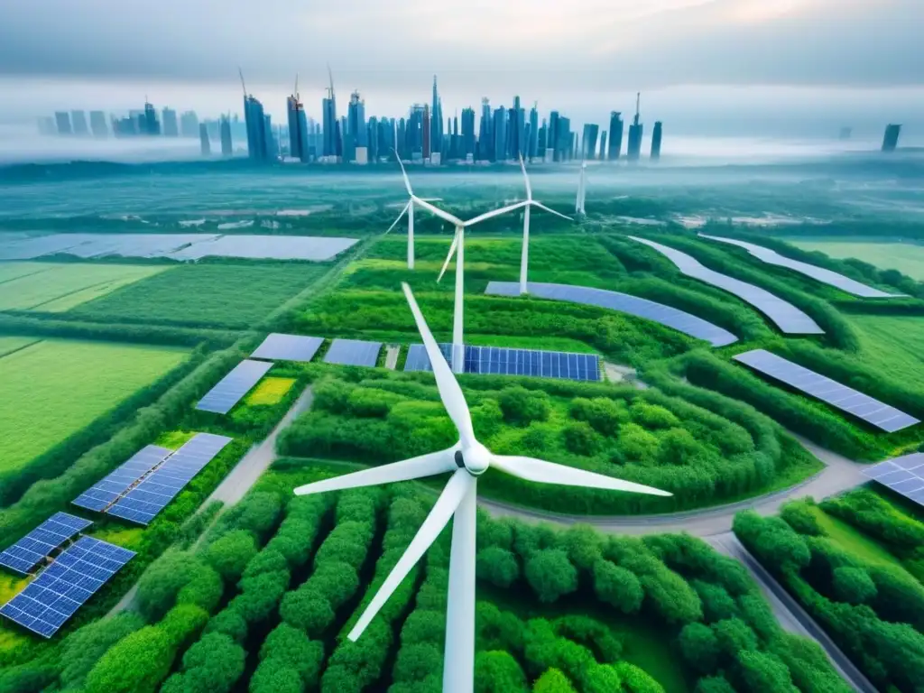 Metrópolis sostenible del futuro: armonía entre tecnología y naturaleza Ciudad futurista sostenible: edificios verdes, paneles solares, turbinas eólicas, gente en vehículos eléctricos