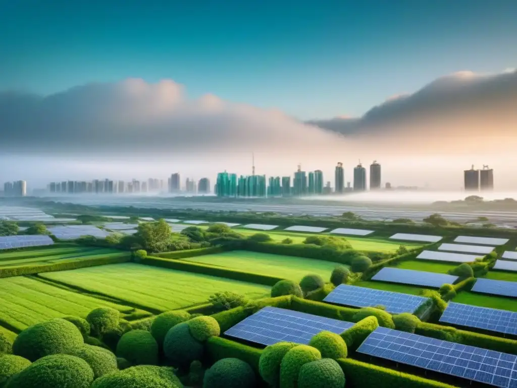 Metrópolis sostenible del futuro en 8k Una ciudad futurista y sostenible con edificios verdes y paneles solares, integrando criterios ESG en inversiones inmobiliarias