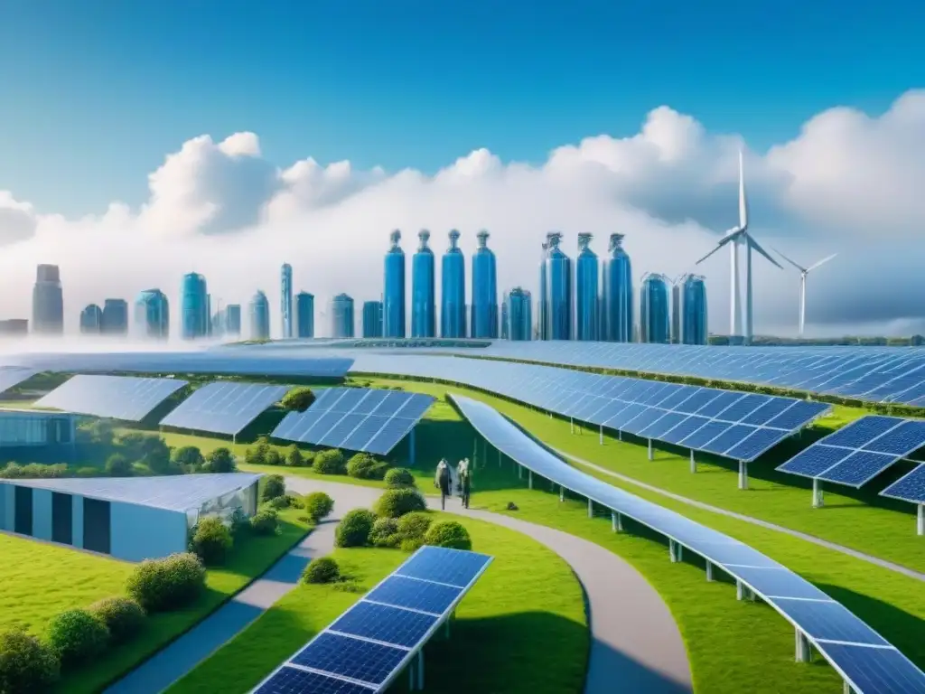 Metrópolis futurista sostenible: tecnología y ecología integradas Una ciudad futurista sostenible con edificios verdes, paneles solares y turbinas eólicas