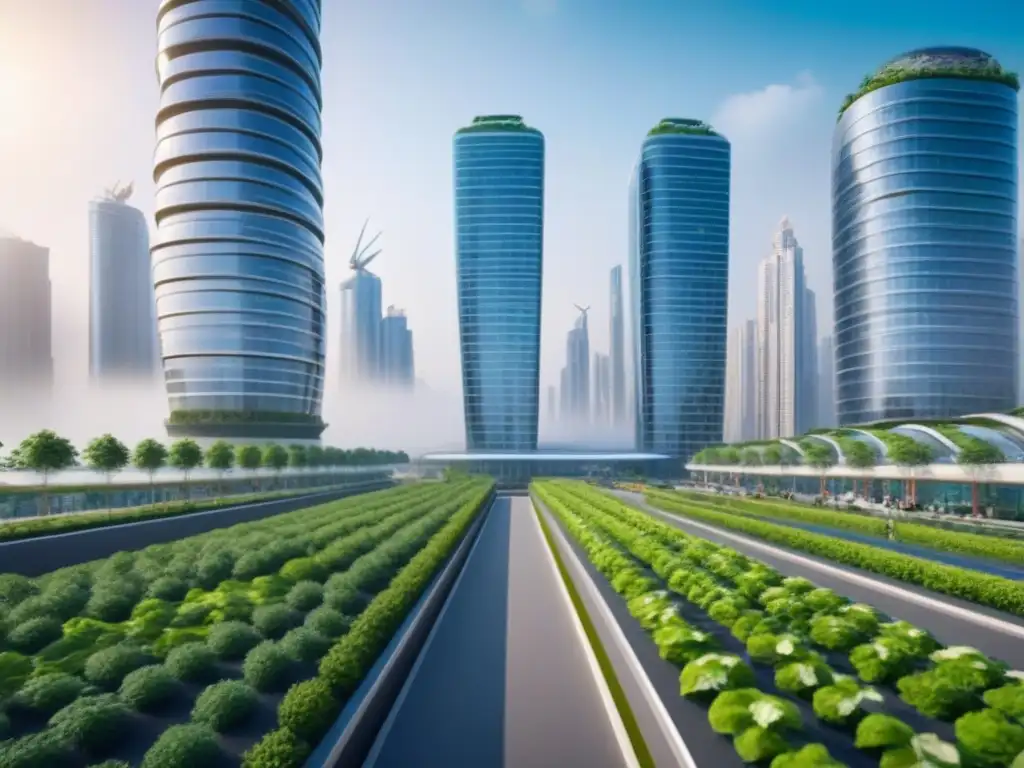 Metrópolis sostenible del futuro: arquitectura eco-amigable y vida verde Una ciudad futurista sostenible con edificios ecoamigables integrados en espacios verdes, mostrando prácticas sostenibles