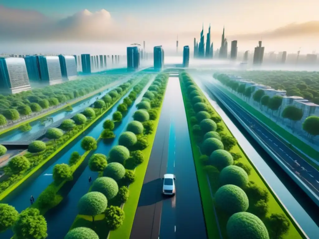 Metrópolis sostenible del futuro: verde, innovadora y vibrante Una ciudad futurista sostenible con espacios verdes, edificios innovadores, energías renovables y transporte público eficiente