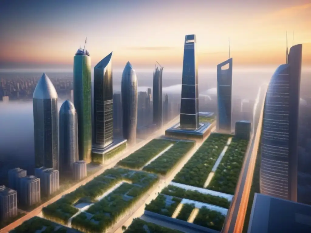 Metrópolis sostenible del futuro al atardecer Una ciudad futurista sostenible con espacios verdes conectados y rascacielos innovadores, iluminada por el cálido atardecer