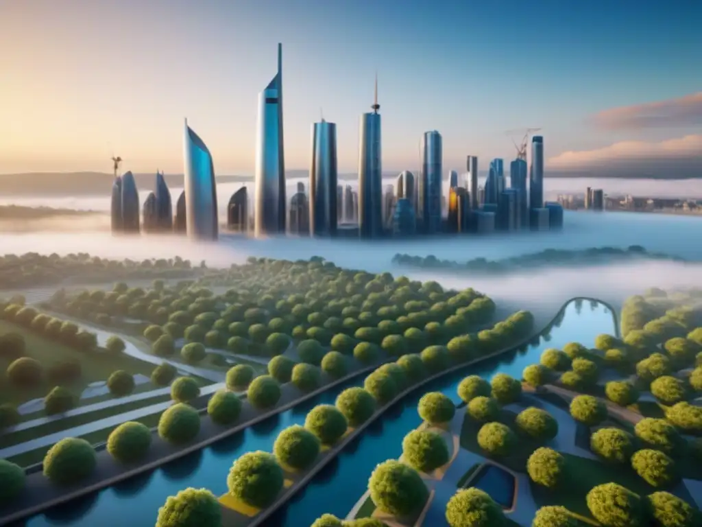 Metrópolis futurista: Inversiones inmobiliarias sostenibles en 8k Una ciudad futurista sostenible con inversión inmobiliaria internacional, lleno de rascacielos energéticamente eficientes y jardines verticales