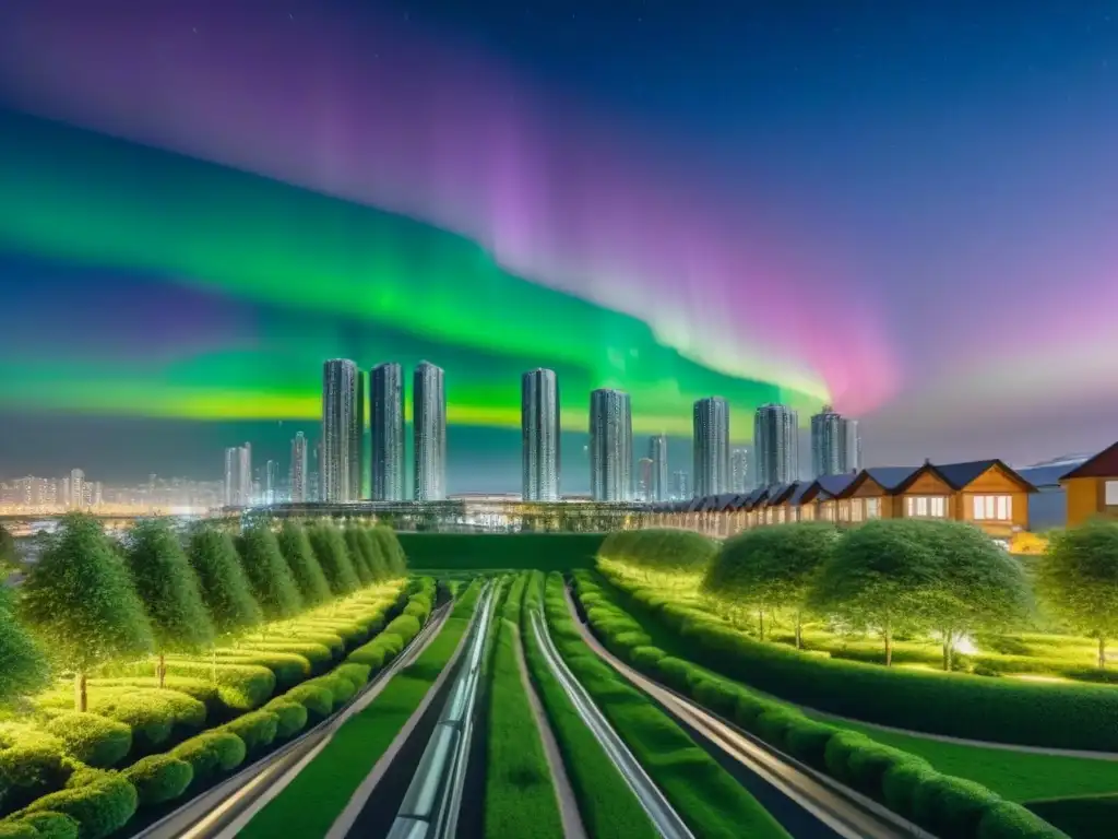 Metrópolis futurista ecoamigable: armonía entre ciudad y naturaleza Una ciudad futurista sostenible de noche con regulaciones de vivienda asequible en el mercado global