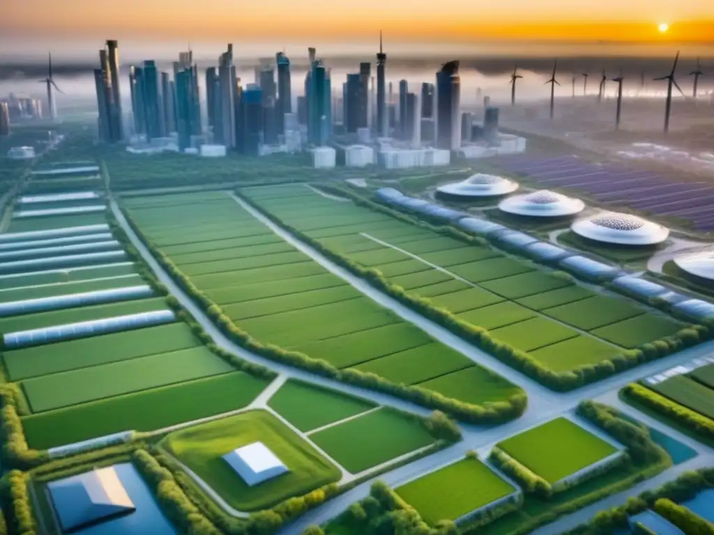 Metrópolis sostenible del futuro: ciudad ecoamigable al atardecer Una ciudad futurista sostenible con paneles solares y turbinas eólicas, fusionando naturaleza y arquitectura moderna al atardecer