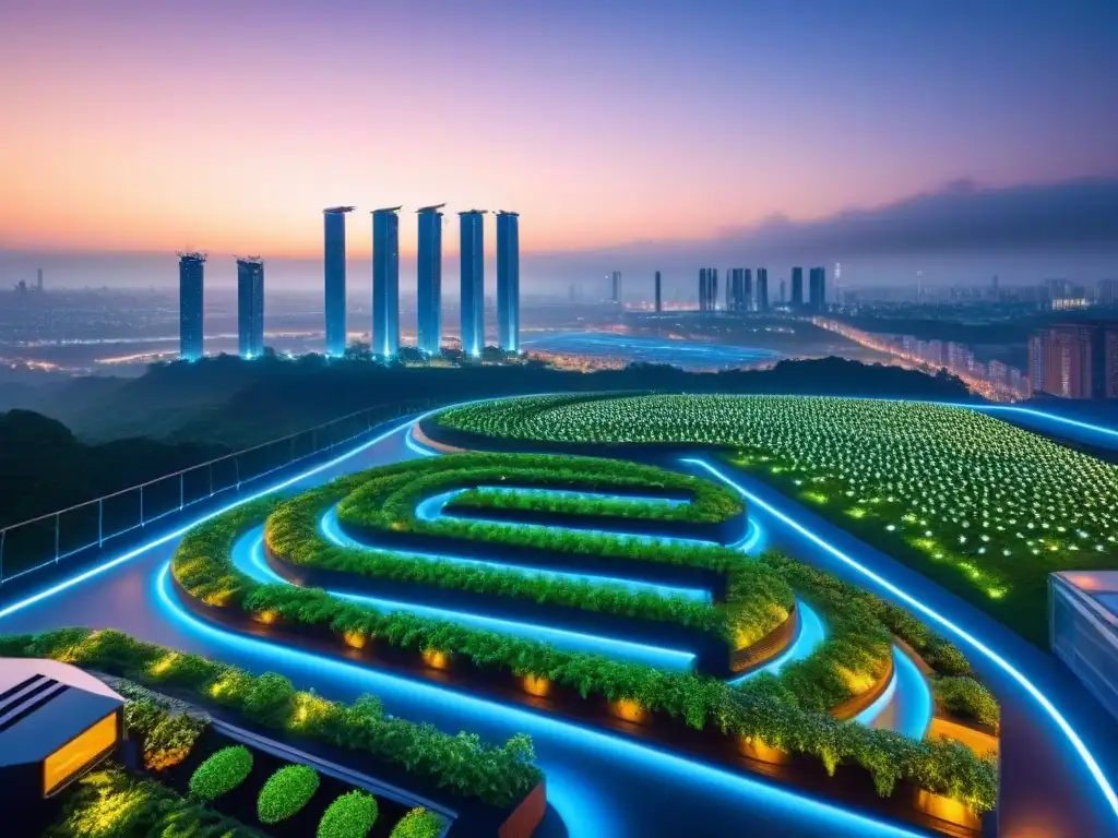 Metrópolis futurista: luces LED, energía renovable y tecnología sostenible Una ciudad futurista sostenible con propiedades de alta tecnología, iluminada por energía LED