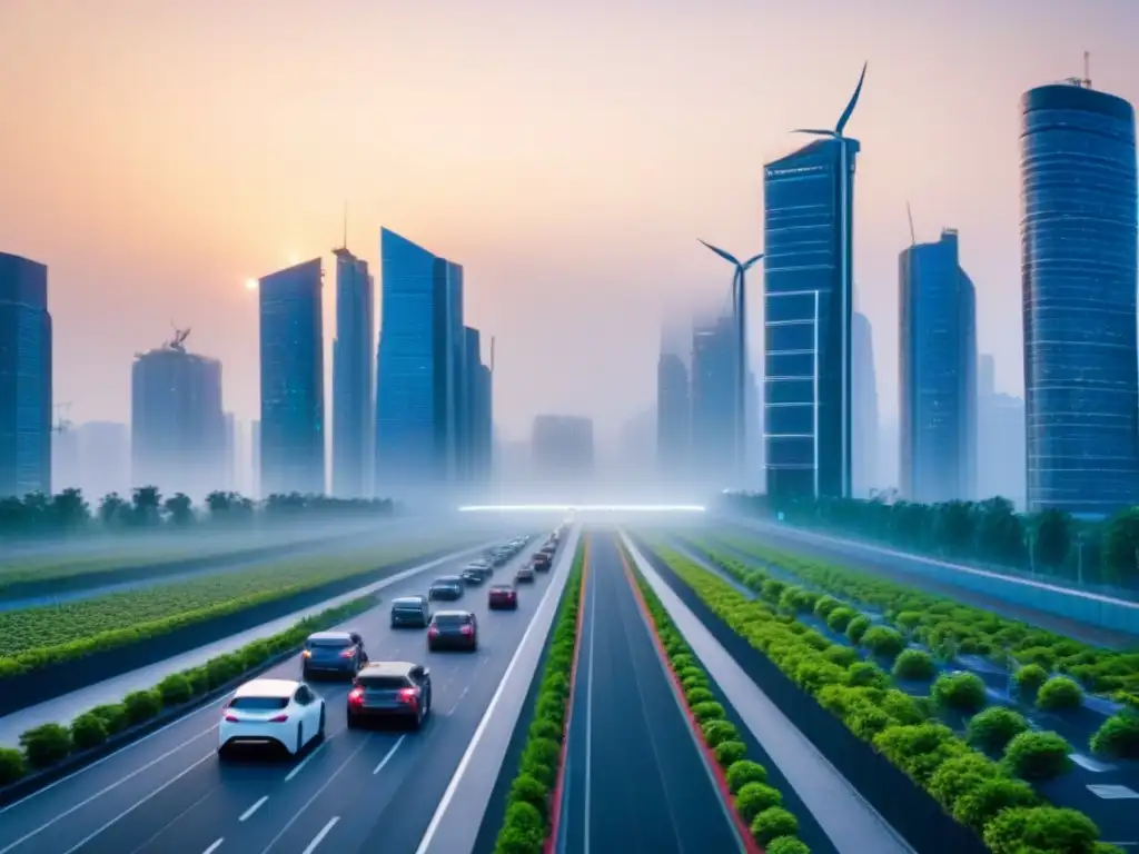 Ciudad futurista sostenible: armonía entre urbanismo y naturaleza Una ciudad futurista y sostenible al anochecer, con rascacielos verdes, energía renovable y vehículos eléctricos en calles multinuevo