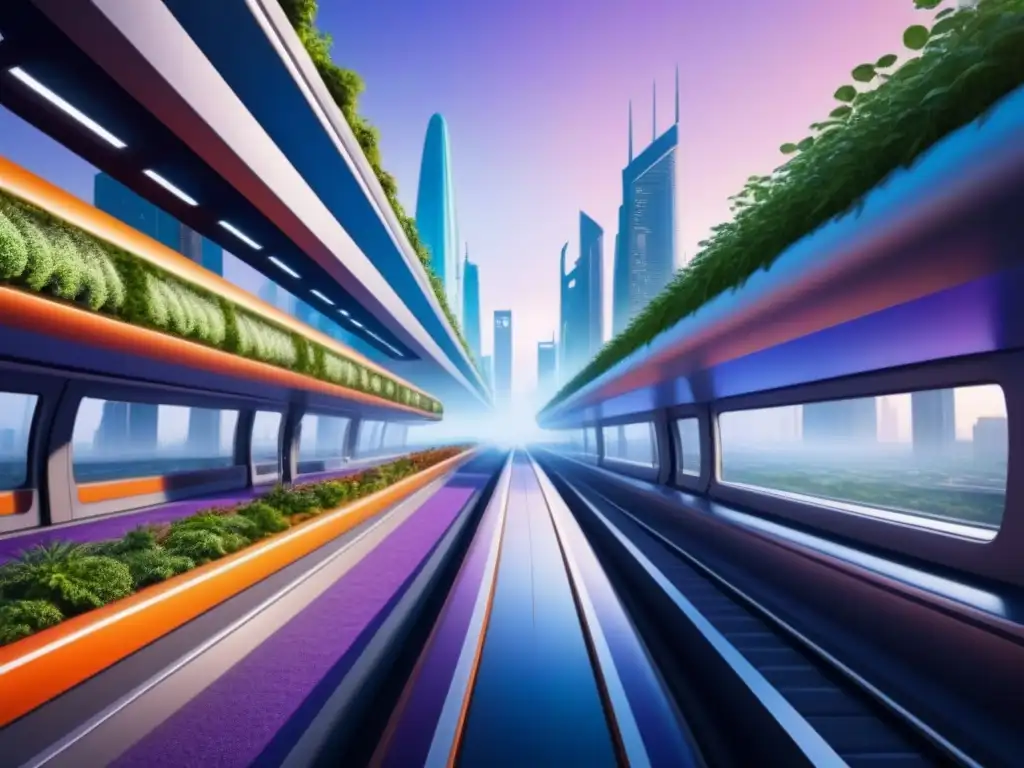 Metrópolis sostenible del futuro 2040: ciencia ficción verde Ciudad futurista sostenible en 2040 con rascacielos verdes y transporte público avanzado