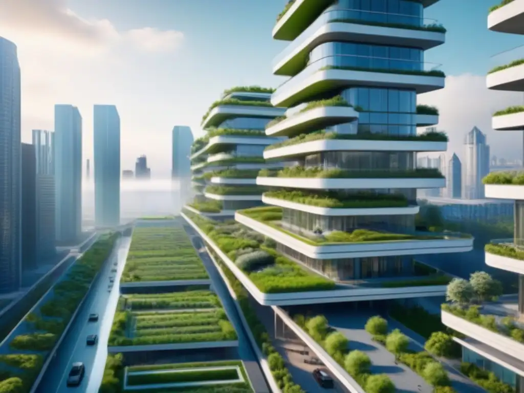Metrópolis futurista: arquitectura sostenible fusionada con la naturaleza Una ciudad futurista sostenible con rascacielos integrados en la naturaleza