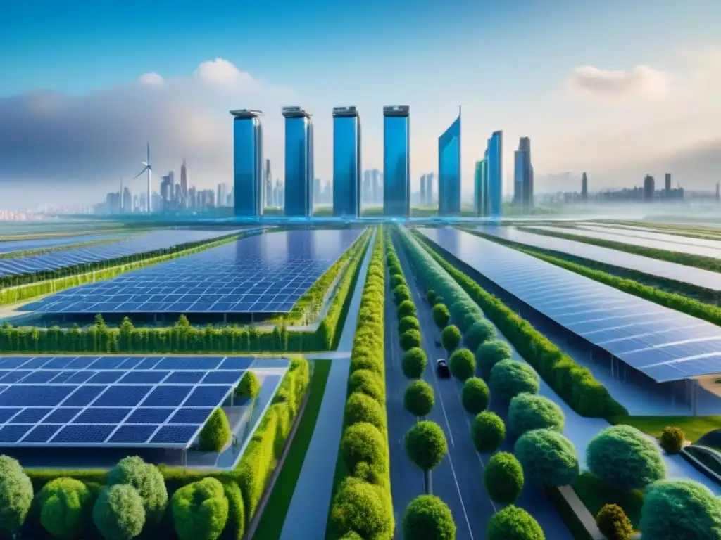 Futurista ciudad sostenible: rascacielos verdes y energía limpia Una ciudad futurista sostenible con rascacielos verdes, paneles solares y elementos urbanos innovadores