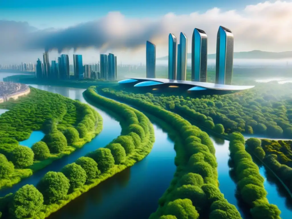 Metrópolis sostenible del futuro: armonía eco-tecnológica Una ciudad futurista sostenible con rascacielos ecoamigables, vehículos eléctricos y naturaleza exuberante