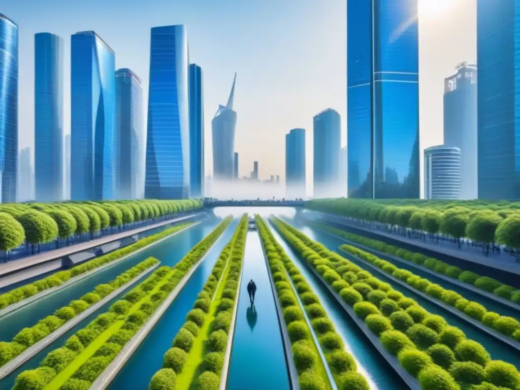 Una ciudad futurista sostenible con rascacielos verdes, paneles solares y sistemas eficientes