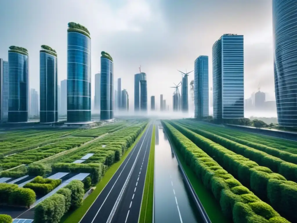 Metrópolis sostenible del futuro: arquitectura eco y energía limpia Una ciudad futurista sostenible con rascacielos ecológicos rodeados de vegetación, energía limpia y vehículos eléctricos