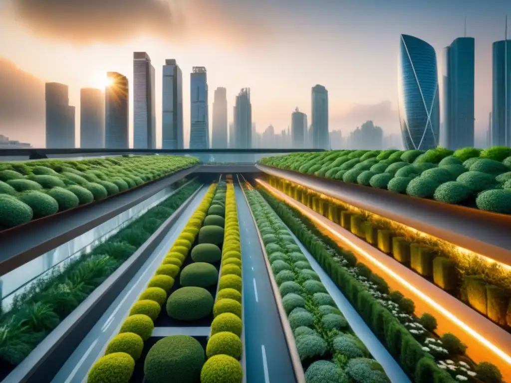 Metrópolis sostenible: fusión de tecnología y naturaleza Una ciudad futurista sostenible al anochecer, con rascacielos ecológicos, jardines verticales, paneles solares y autos eléctricos en calles arboladas