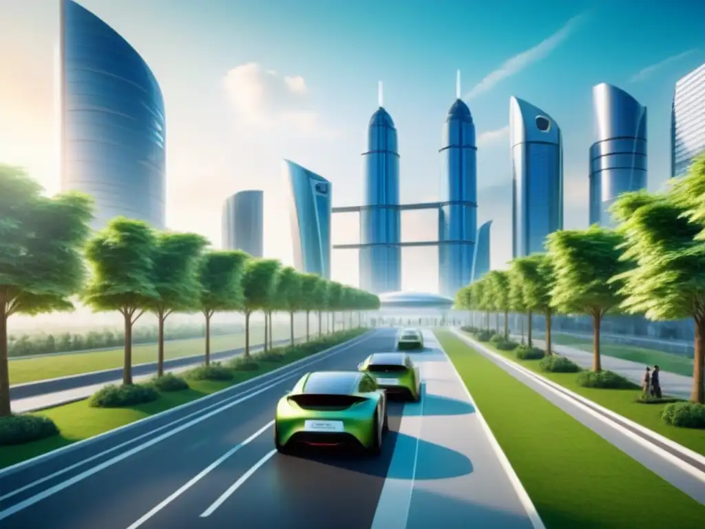 Metrópolis verde del futuro: rascacielos sostenibles y calles arboladas Una ciudad futurista sostenible con rascacielos integrados con espacios verdes, paneles solares brillando y vehículos eléctricos en calles arboladas