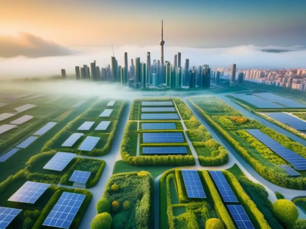 Metrópolis sostenible del futuro: verde, solar y conectada Una ciudad futurista sostenible con techos verdes, paneles solares y transporte público eficiente, perfecta para inversionistas globales en planificación urbana sostenible