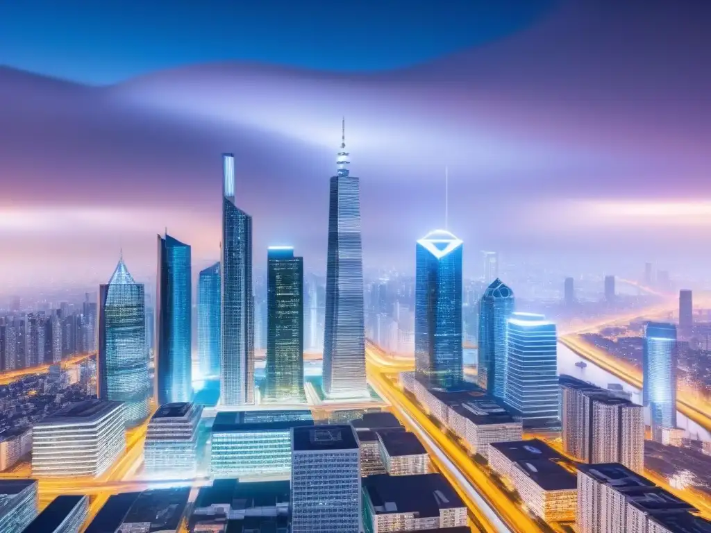 Metrópolis futurista: blockchain revoluciona la valuación inmobiliaria Una ciudad futurista con tecnología blockchain integrada en edificios, mostrando el impacto en la valoración inmobiliaria
