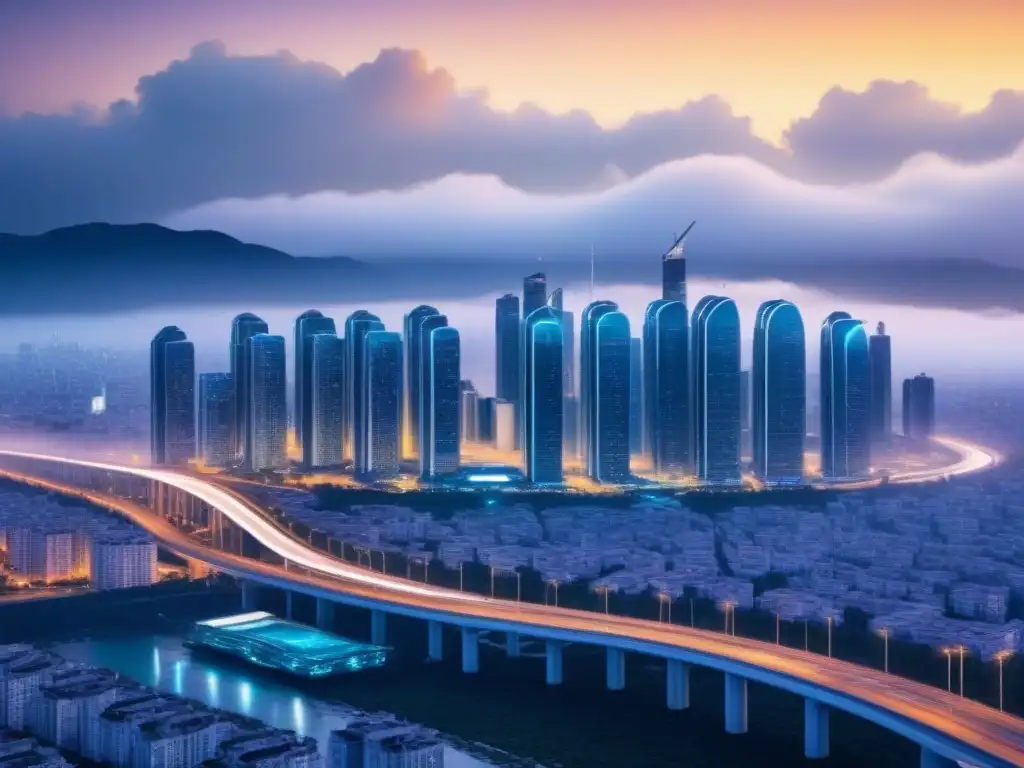 Metrópolis futurista con tecnología blockchain integrada Una ciudad futurista con tecnología blockchain en inversión inmobiliaria