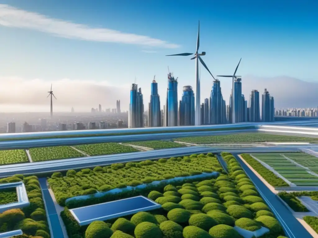 Metrópolis futurista ecoamigable con tecnologías verdes Una ciudad futurista con tecnologías avanzadas para mitigar el impacto de cambios climáticos, segura y sostenible bajo un cielo azul
