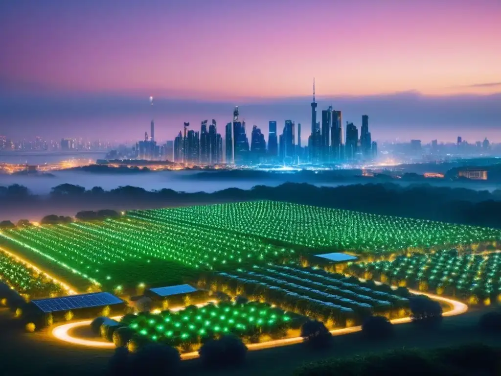 Metrópolis futurista: tecnologías avanzadas en ciudad sostenible Una ciudad futurista al anochecer, con tecnologías emergentes integradas en el urbanismo, como autos autónomos y edificios inteligentes iluminados con luces LED