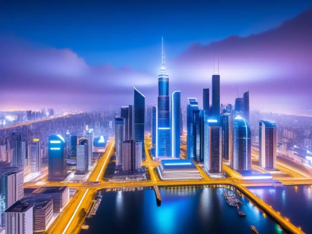 Metrópolis futurista: seguridad e innovación en la noche Una ciudad futurista y tecnológica con medidas de seguridad innovadoras