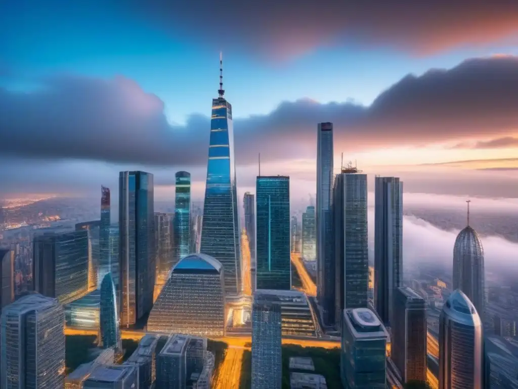 Skyline futurista: transacciones financieras globales entre rascacielos Una ciudad futurista con transacciones financieras globales entre rascacielos, simbolizando los Cambios regulatorios M&A internacionales futuros