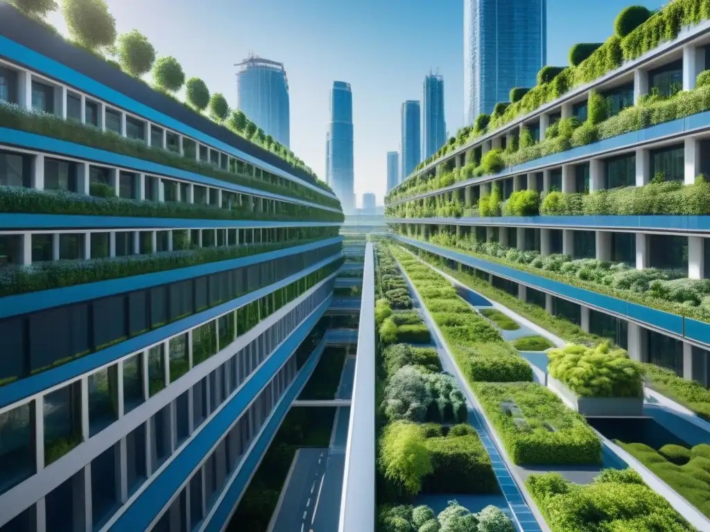 Metrópolis futurista: naturaleza y tecnología en armonía Una ciudad futurista con vegetación integrada en edificios, jardines en azoteas y paneles solares brillando bajo un cielo azul